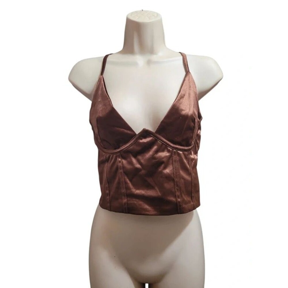 Satin Bustier Style Crop Top Rich Brown Sheen Adjustable Spaghetti Strap